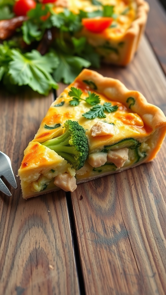 A slice of tuna and broccoli quiche with a golden crust and vibrant filling on a rustic table.